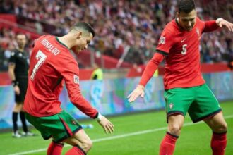 Cristiano Ronaldo fazendo nova comemoração ao lado de Diogo Dalot em Polônia x Portugal pela Nations League