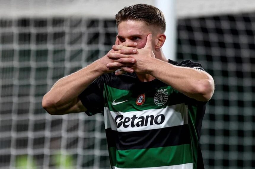 Viktor Gyokeres comemora gol marcado em Sporting x Manchester City pela Champions League